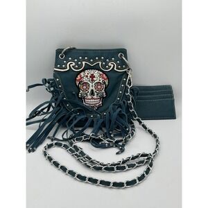 Cowgirl Trendy Sugar Skull Teal and Silver Leather Crossbody Purse & CC Holder